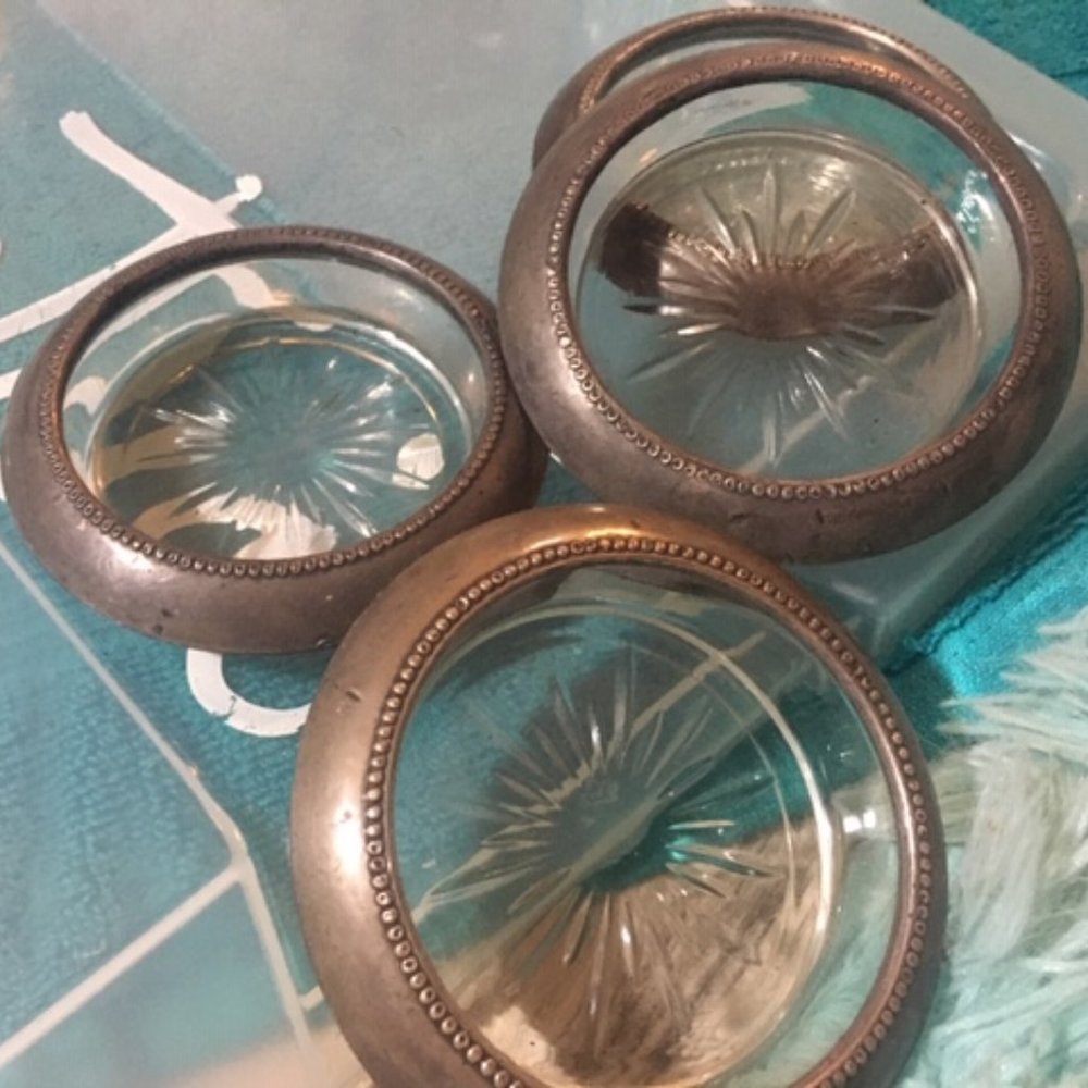 FRANK M. WHITING 4 STERLING SILVER/GLASS COASTERS